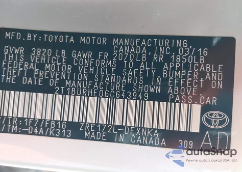 2016 Toyota Corolla Le из США, поврежденный, VIN 2T1BURHE0GC643949